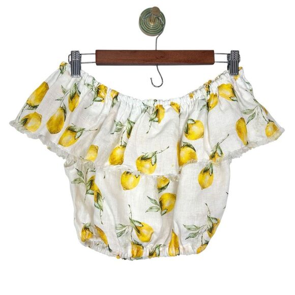 Palo Borracho Crop Top Womens Small Yellow White Lemon Linen Off the Shoulder - Picture 2 of 14